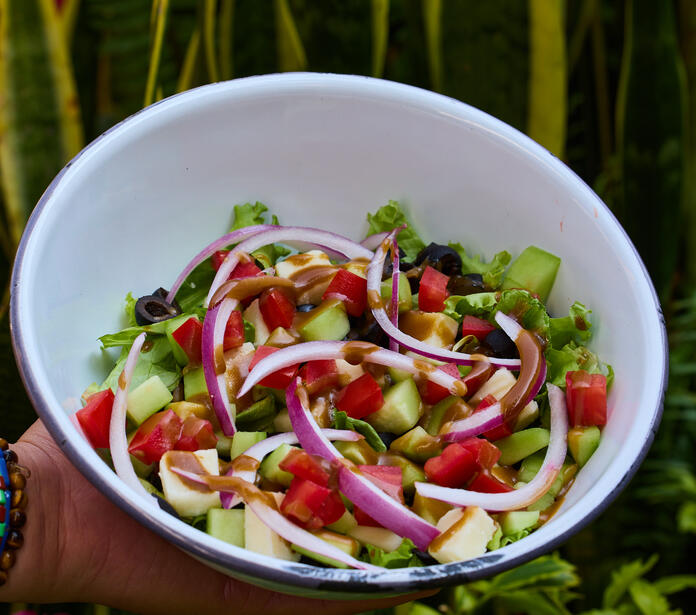 Griega Lettuce, black olives, tomatoe, cucumber, gouda cheese, purpple onion and vinaigrette